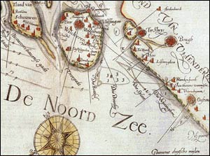 Detail uit zeekaart met daarop Walcheren en deel Vlaanderen, gedrukt door Plantijn, 1585