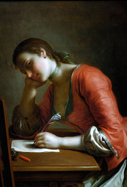 Schrijvend meisje, schilderij van Pietro Rotari. Klik voor nog een schrijvend meisje van Joh. Vermeer