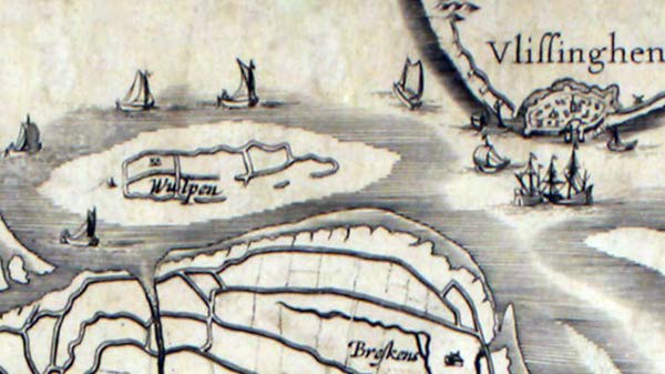 Wulpen op een kaart van Sluis, rond 1587