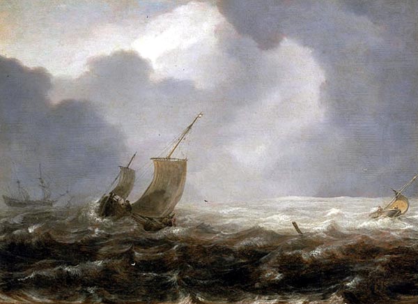 Vissers in de storm, schilderij van Jan Porcellis, 1622